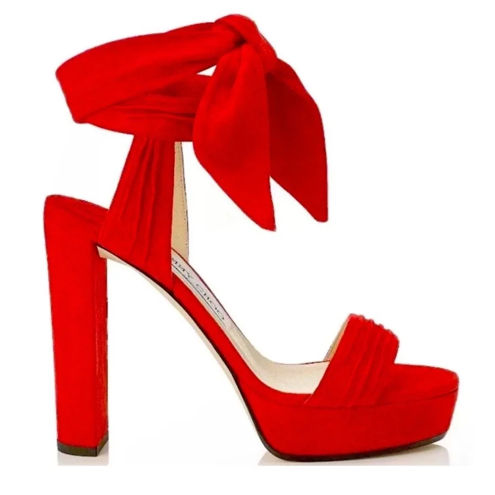 JIMMY‎ CHOO Soft Suede Kaytrin 120 Platform Sandals Red Size 40.5 10.5 Wrap